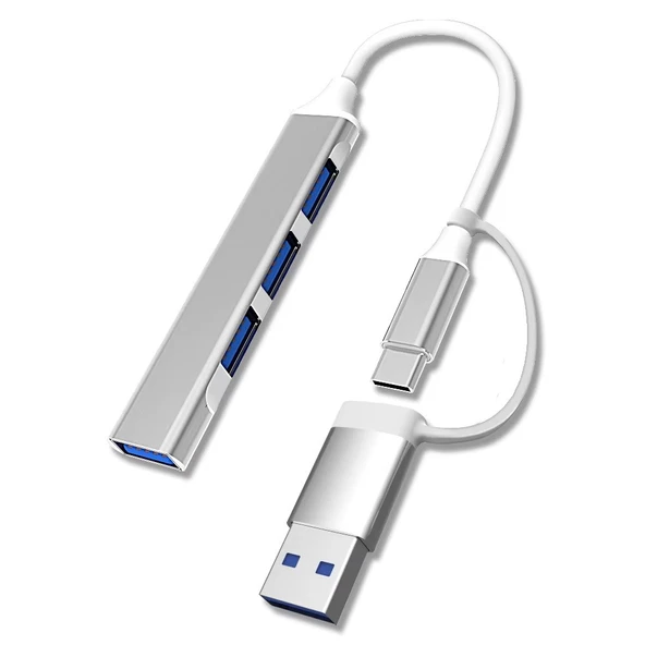 Alüminyum Alaşımlı Metalik 4 Port USB Bağlantı İstasyonu Type-C den USB 3.0 ve 2.0 Hub a Çoklu Arayüz Adaptörü Multi USB Tak ve Çalıştır