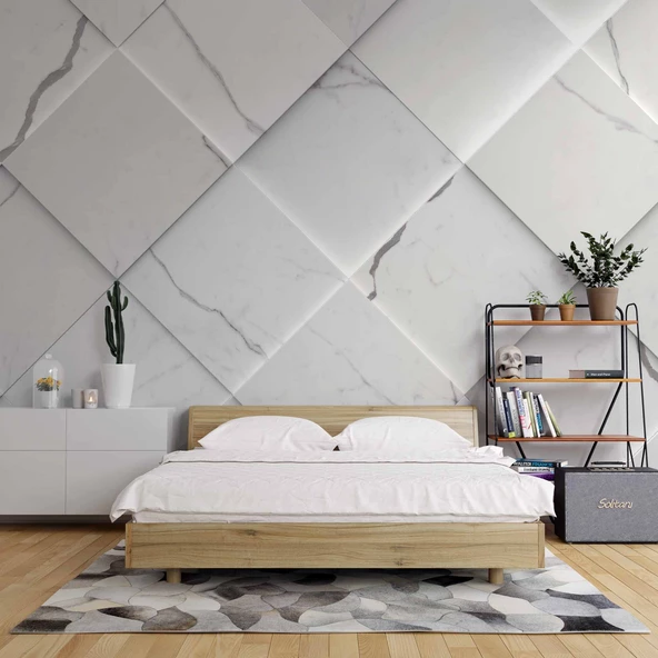 Beyaz Dörtgen Mermer Görünümlü Duvar Kağıdı Baskı - Resim 2