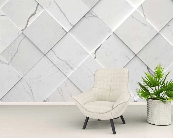 Beyaz Dörtgen Mermer Görünümlü Duvar Kağıdı Baskı - Resim 6