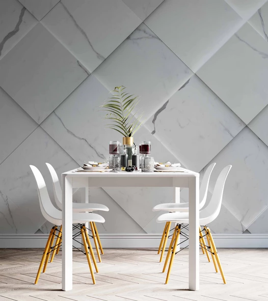 Beyaz Dörtgen Mermer Görünümlü Duvar Kağıdı Baskı - Resim 5