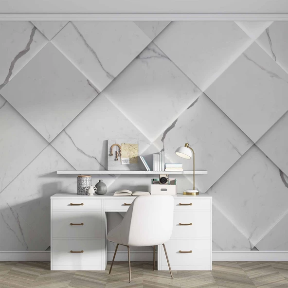 Beyaz Dörtgen Mermer Görünümlü Duvar Kağıdı Baskı - Resim 4