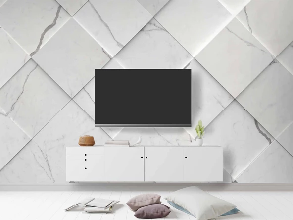 Beyaz Dörtgen Mermer Görünümlü Duvar Kağıdı Baskı - Resim 3