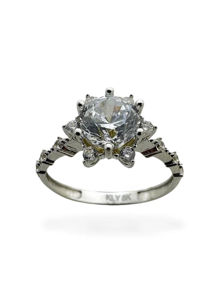 Üst Kalite Beyaz Altın Tektaş Lotus Yüzük - Resim 2