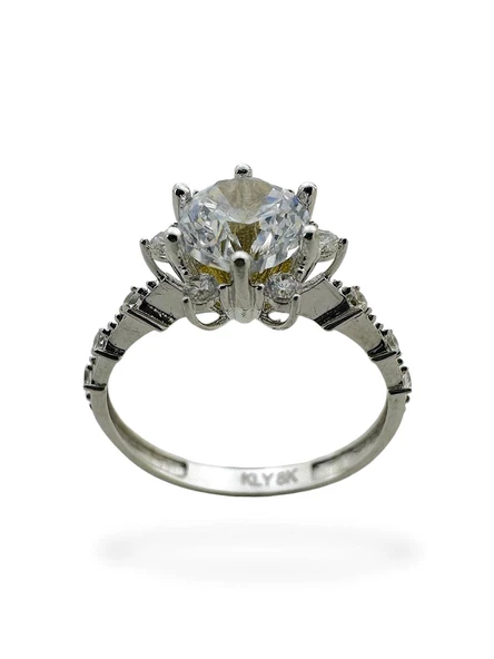 Üst Kalite Beyaz Altın Tektaş Lotus Yüzük - Resim 4