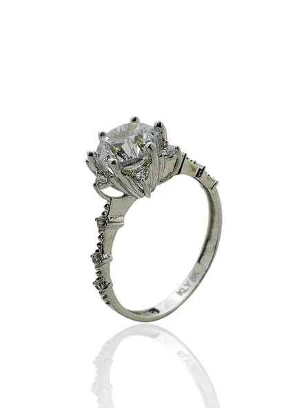 Üst Kalite Beyaz Altın Tektaş Lotus Yüzük - Resim 5