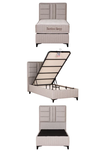 Kilim Mobilya Bamboo Sleepy Sandıklı Baza Başlık Yatak Seti Bej 90X190 - 3