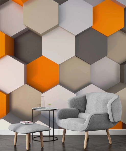 3 Boyutlu Antrasit Turuncu Altıgen Duvar Kağıdı Baskı - Resim 6