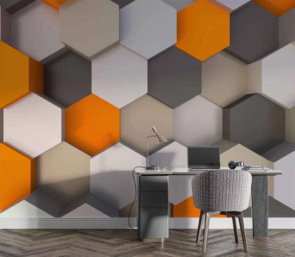3 Boyutlu Antrasit Turuncu Altıgen Duvar Kağıdı Baskı - Resim 4