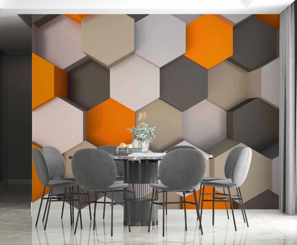 3 Boyutlu Antrasit Turuncu Altıgen Duvar Kağıdı Baskı - Resim 5