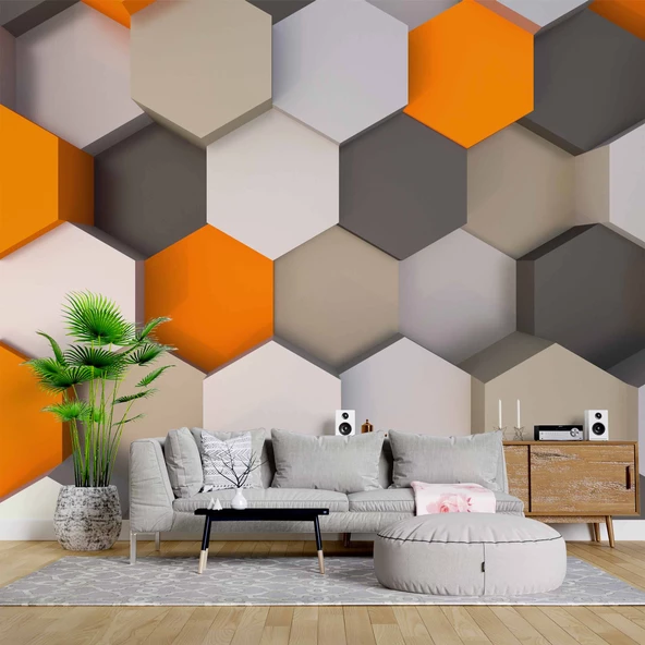 3 Boyutlu Antrasit Turuncu Altıgen Duvar Kağıdı Baskı ürün görseli