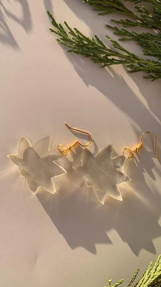 Fosforlu Neon Şeffaf Yeşil Renk Gold Aksesuarlı Orta Boy Asma Yaprağı Epoksi Küpe El Yapımı Ypr2 - Resim 3