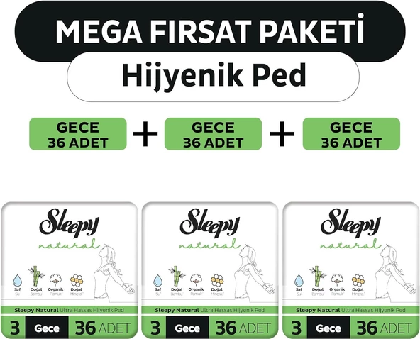 Sleepy Natural Ultra Hassas Hijyenik Ped Mega Fırsat Paketi Gece 108 Adet