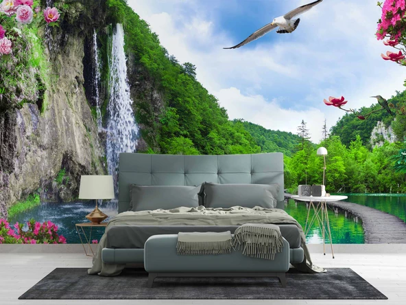 Şelale, Göl ve Martı Manzaralı Duvar Kağıdı - Resim 2