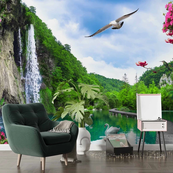 Şelale, Göl ve Martı Manzaralı Duvar Kağıdı - Resim 5