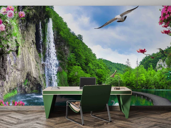 Şelale, Göl ve Martı Manzaralı Duvar Kağıdı - Resim 3