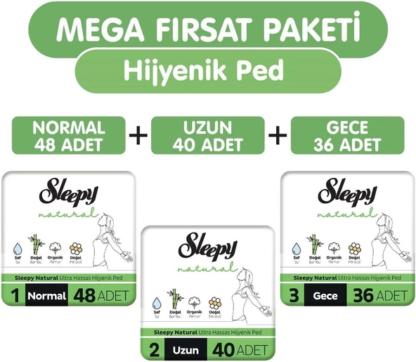 Sleepy Natural Ultra Hassas Hijyenik Ped 124 Adet Ped Mega Fırsat Paketi