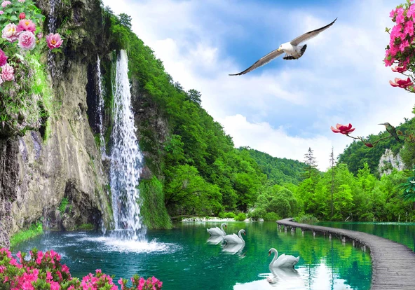 Şelale, Göl ve Martı Manzaralı Duvar Kağıdı - Resim 6