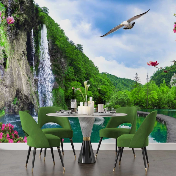 Şelale, Göl ve Martı Manzaralı Duvar Kağıdı - Resim 4