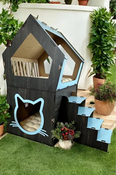XXL MODEL DEKORATİF AHŞAP BÜYÜK TERASLI KEDİ EVİ 5KG VE ÜZERİ KEDİLER İÇİN UYGUNDUR - 2