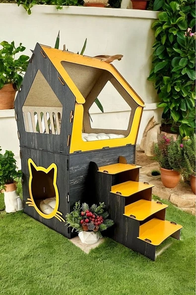 XXL MODEL DEKORATİF AHŞAP BÜYÜK TERASLI KEDİ EVİ 5KG VE ÜZERİ KEDİLER İÇİN UYGUNDUR - 3