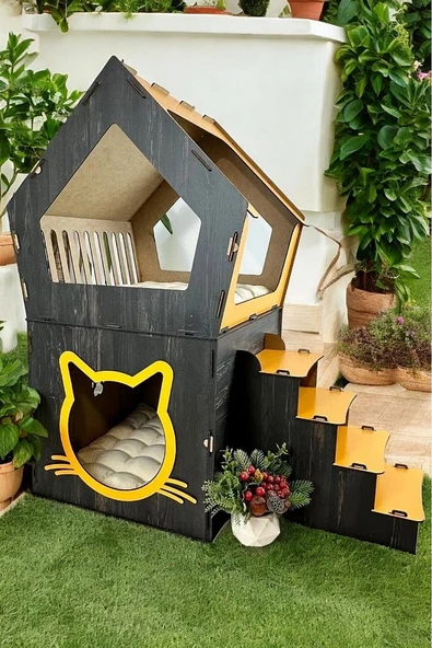 XXL MODEL DEKORATİF AHŞAP BÜYÜK TERASLI KEDİ EVİ 5KG VE ÜZERİ KEDİLER İÇİN UYGUNDUR - 2
