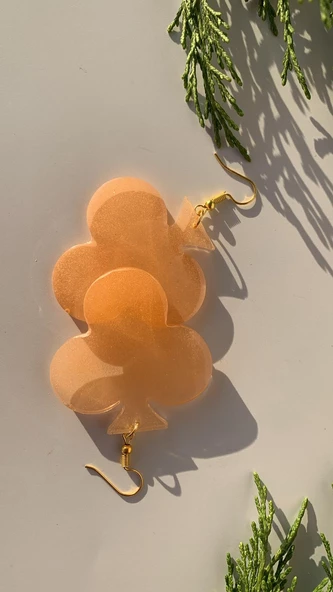 Transparan Turuncu Renkli Gold Aksesuar Büyük İskambil Sinek Şekil Epoksi Küpe Hediyelik - 3