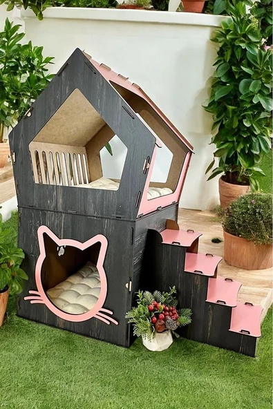 XXL MODEL DEKORATİF AHŞAP BÜYÜK TERASLI KEDİ EVİ 5KG VE ÜZERİ KEDİLER İÇİN UYGUNDUR - 5