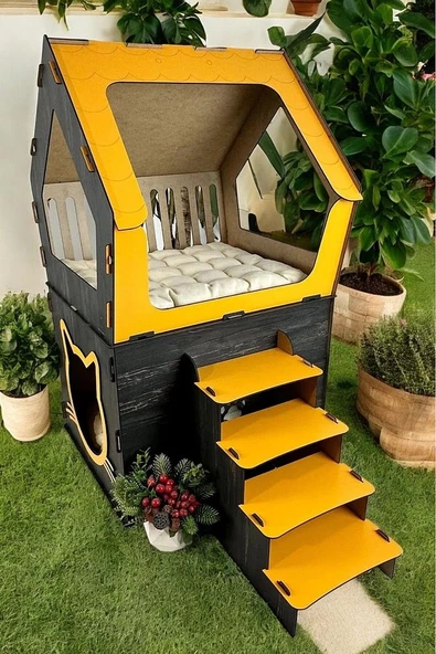 XXL MODEL DEKORATİF AHŞAP BÜYÜK TERASLI KEDİ EVİ 5KG VE ÜZERİ KEDİLER İÇİN UYGUNDUR - 5