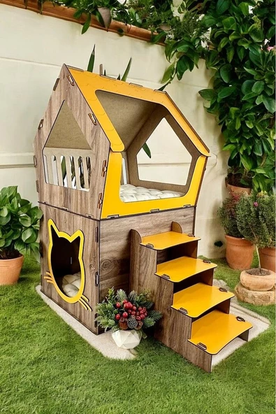 XXL MODEL DEKORATİF AHŞAP BÜYÜK TERASLI KEDİ EVİ 5KG VE ÜZERİ KEDİLER İÇİN UYGUNDUR - 2