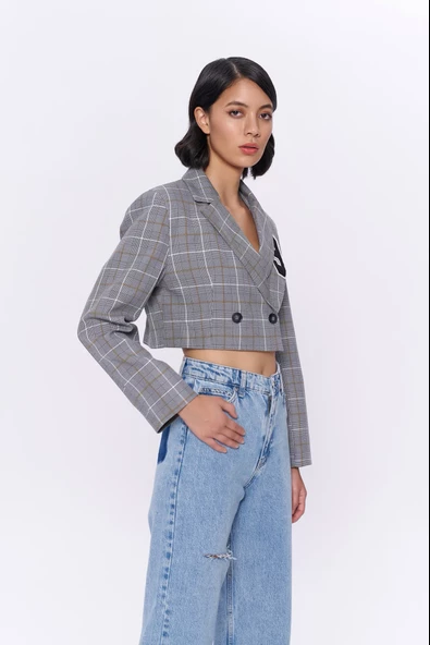 Kareli Çift Düğmeli Crop Blazer Ceket Gri - 2
