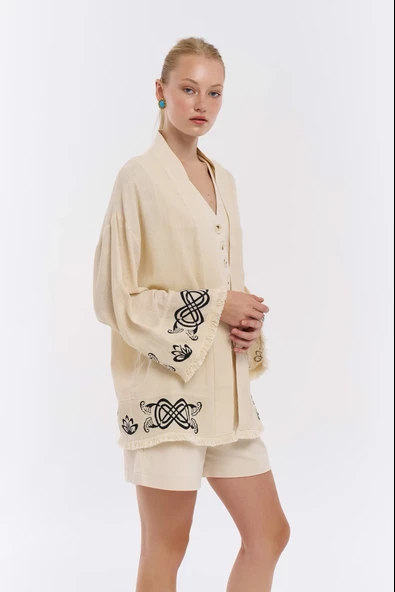 Sırtı Göz Baskılı Püsküllü Keten Kimono Naturel - 2