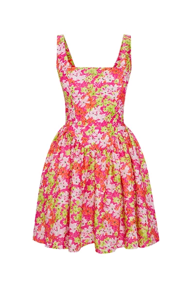 Çiçek Desenli Askılı Mini Elbise Fuşya - 5