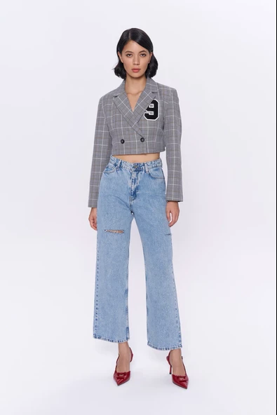 Kareli Çift Düğmeli Crop Blazer Ceket Gri - 3