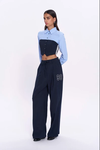 Sayı Nakışlı Yüksek Bel Pantolon Lacivert - 2