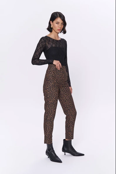 Pens Detaylı Leopar Desenli Pantolon Kahverengi - 2