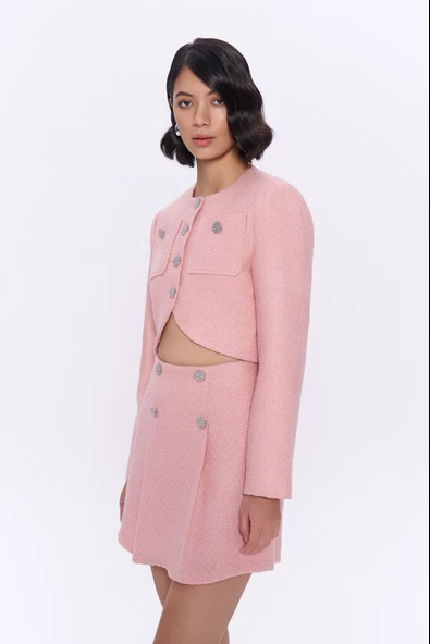 Parlak Taşlı Simli Tüvit Ceket Pembe - 2