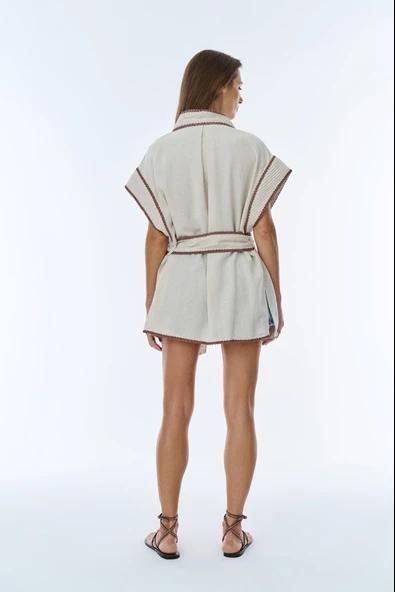 İşleme Detaylı Bağlamalı Keten Kimono Naturel - 4