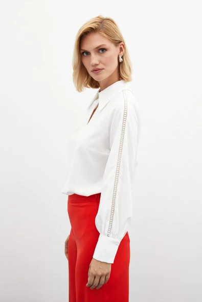 Kolları İnci Detaylı Bluz - EKRU - 4
