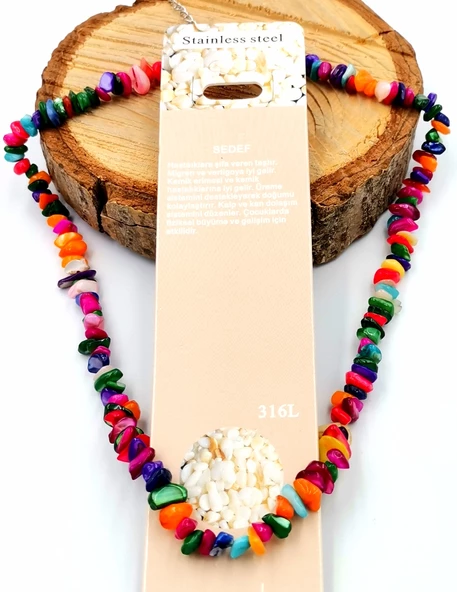 'SEDEF'' Doğal Taş Çelik Zincirli Lüks Kolye ürün görseli 1