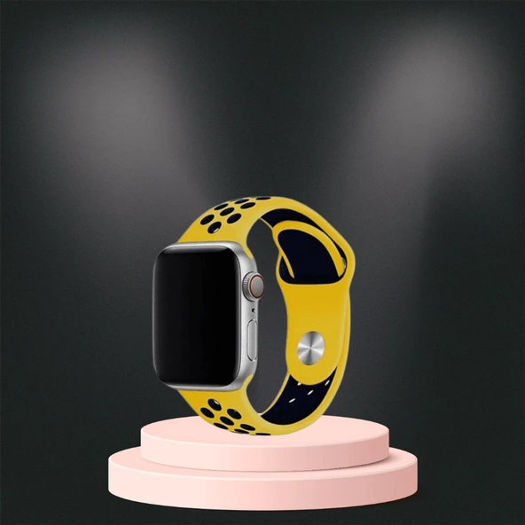 Apple Watch 42 44 45 49 Mm/L Kordon Kayış Bileklik Delikli SARI-SİYAH