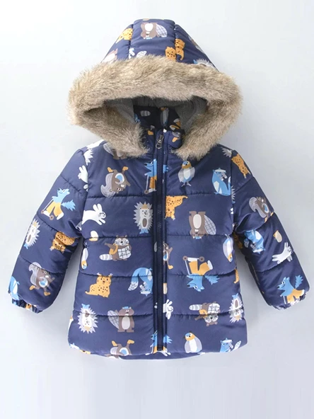 Trend Rakun & Köstebek Figürlü Fermuarlı Varaklı Kapüşonlu Kışlık İçi Peluş Erkek Bebek Mont Şişme - 3