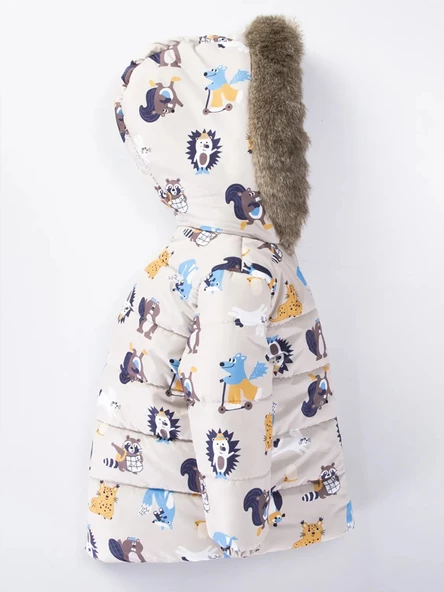 Trend Rakun & Köstebek Figürlü Fermuarlı Varaklı Kapüşonlu Kışlık İçi Peluş Erkek Bebek Mont Şişme - 4