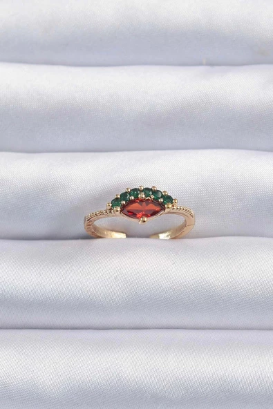 Pirinç Altın Renk Renkli Zirkon Taşlı Ayarlanabilir Karpuz Model Yüzük ürün görseli 1