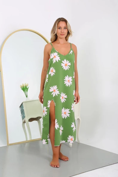 Moda Çizgi Kadın Büyük Beden İp Askılı Pamuklu Uzun Gecelik 12104 Yeşil