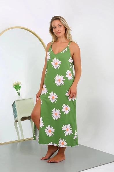 Moda Çizgi Kadın Büyük Beden İp Askılı Pamuklu Uzun Gecelik 12104 Yeşil - 4