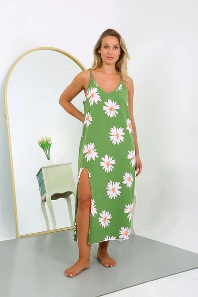 Moda Çizgi Kadın Büyük Beden İp Askılı Pamuklu Uzun Gecelik 12104 Yeşil - 2