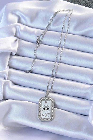 316L Çelik Zincir Gümüş Renk Mineli Zirkon Taşlı Göz Figür Tarot Kolye - 2