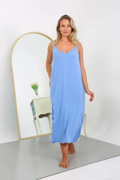 Moda Çizgi Kadın Büyük Beden İp Askılı Pamuklu Uzun Gecelik 12106 - 2