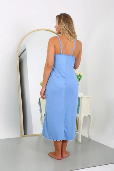 Moda Çizgi Kadın Büyük Beden İp Askılı Pamuklu Uzun Gecelik 12106 - 5