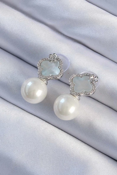 Pirinç Gümüş Renk Zirkon Taşlı Minimal Çiçek Tasarımlı Kadın Küpe ürün görseli 1